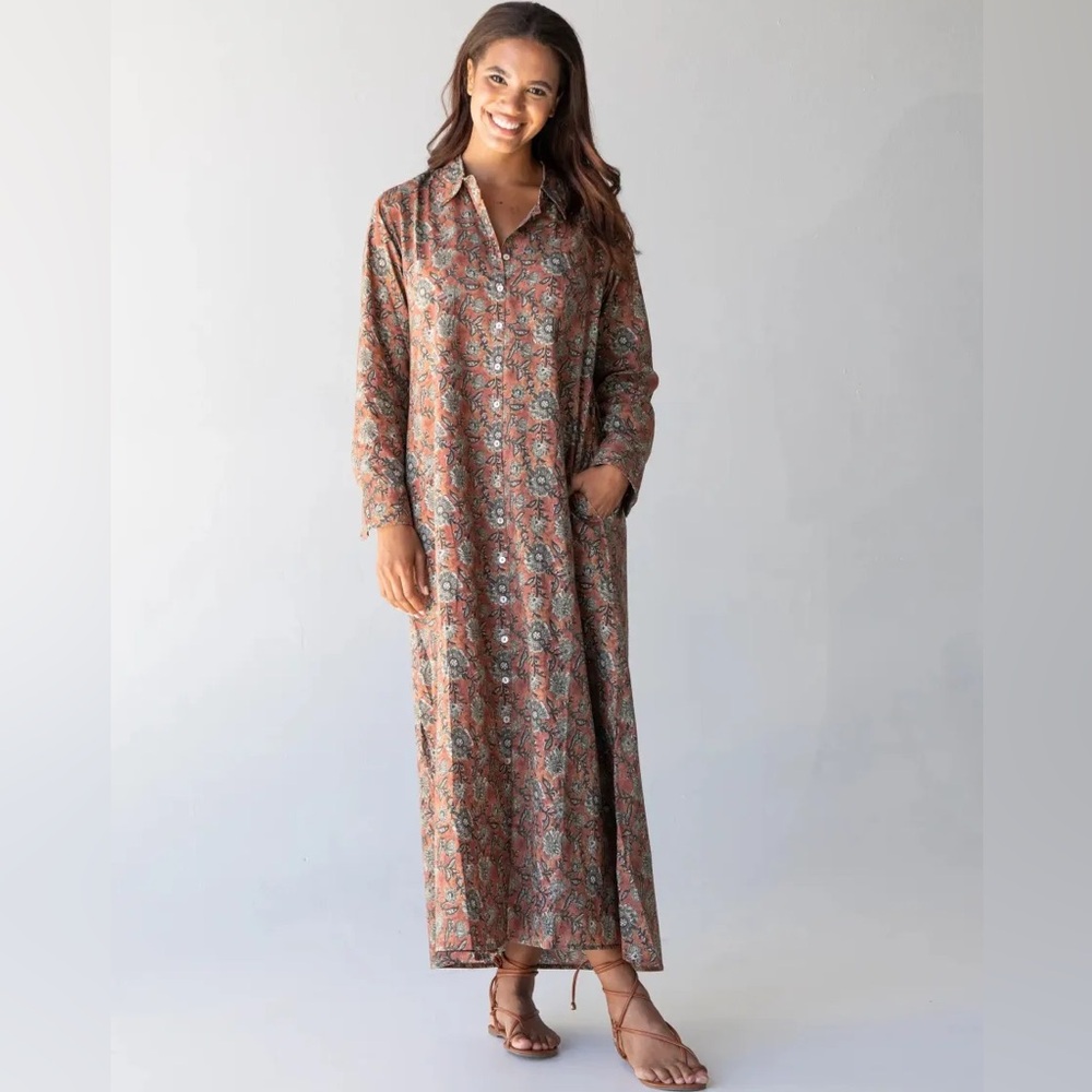 Floral Long Sleeve Maxi Dress in Rust